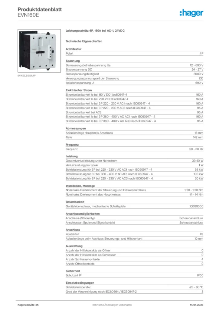 Bild Hager Produktdatenblatt EVN160E | Hager Schweiz