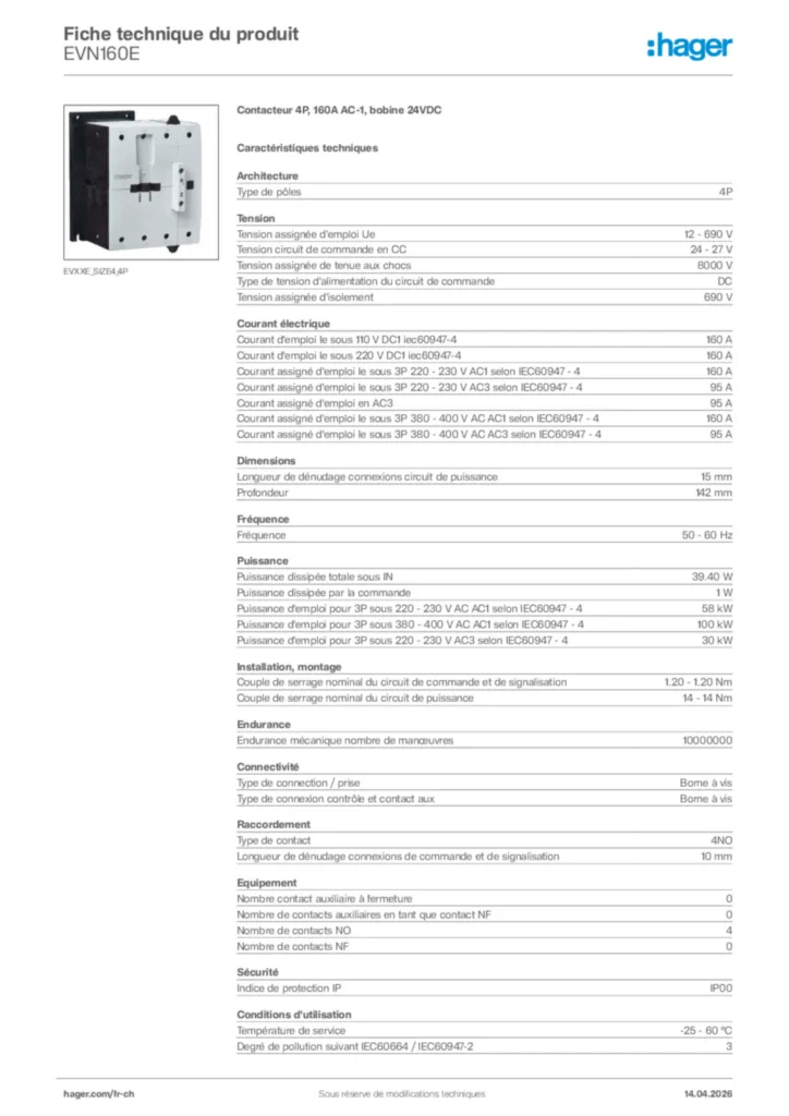 Image Hager Fiche technique du produit EVN160E | Hager Suisse
