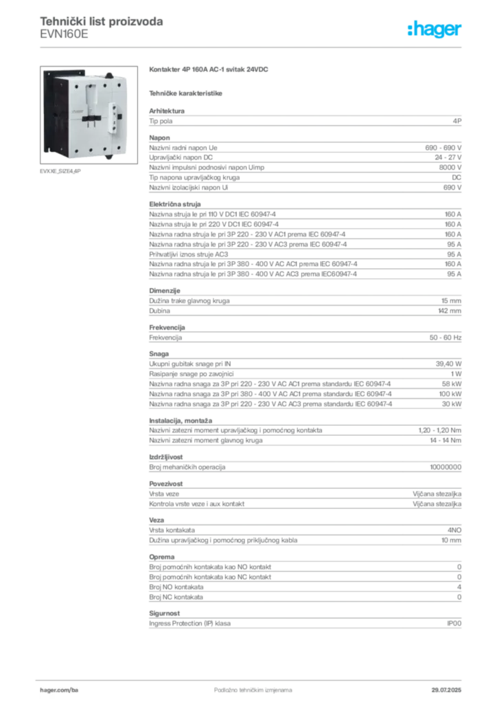 Slika Hager Product data sheet EVN160E  | Hager