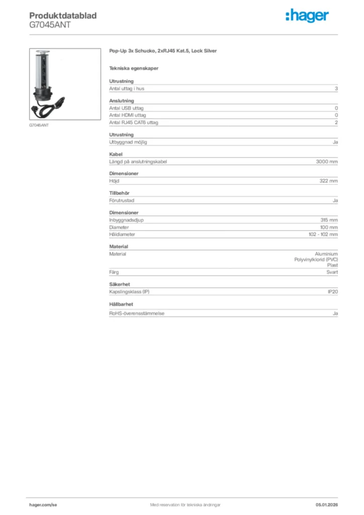 Bild Hager Produktdatablad G7045ANT | Hager Sverige