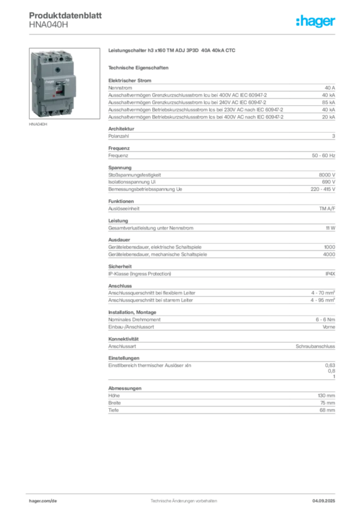 Bild Hager Produktdatenblatt HNA040H | Hager Deutschland
