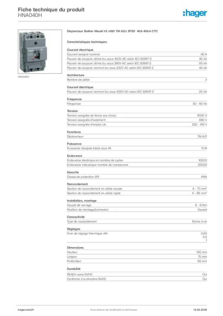 Image Hager Fiche technique du produit HNA040H | Hager France