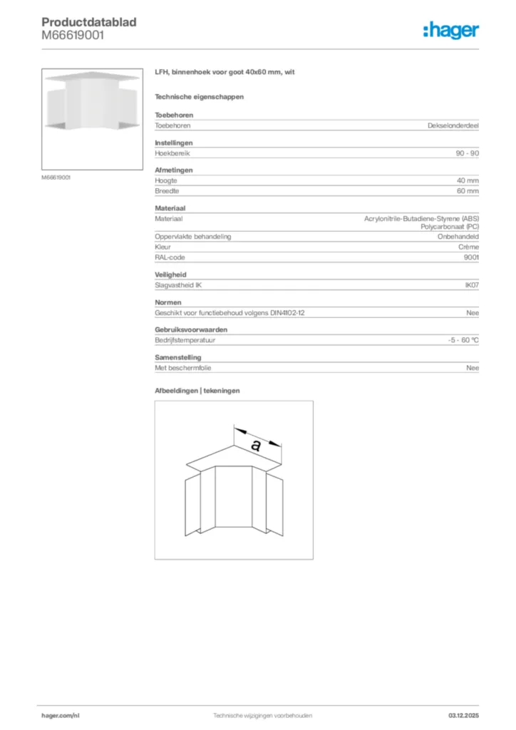 Afbeelding Hager Productdatablad M66619001 | Hager Nederland