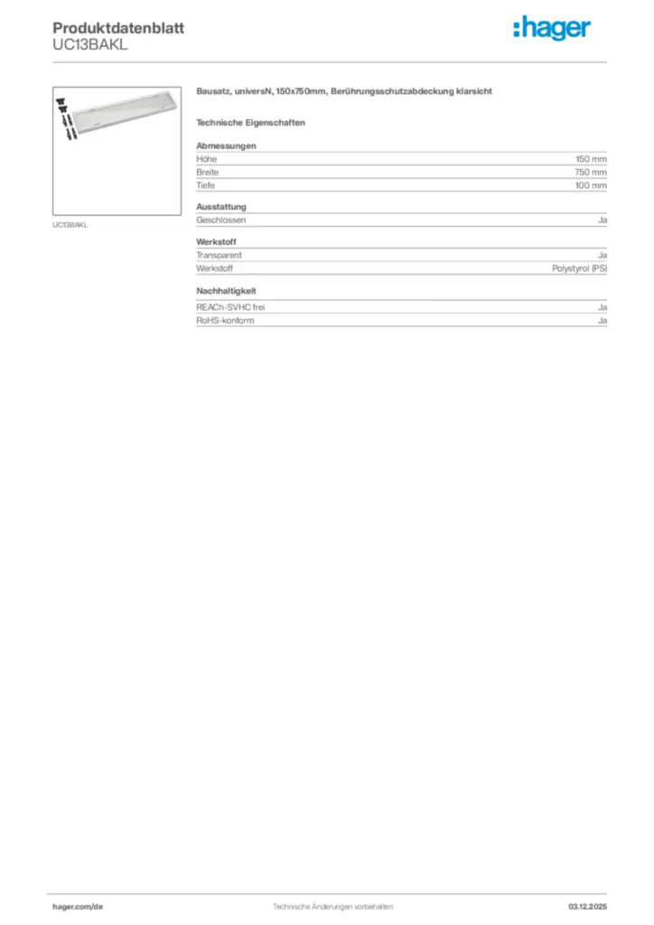 Bild Hager Produktdatenblatt UC13BAKL | Hager Deutschland