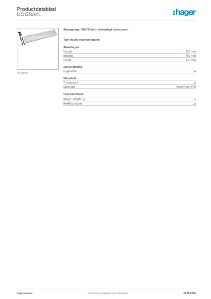 Afbeelding Hager Productdatablad UC13BAKL | Hager Nederland