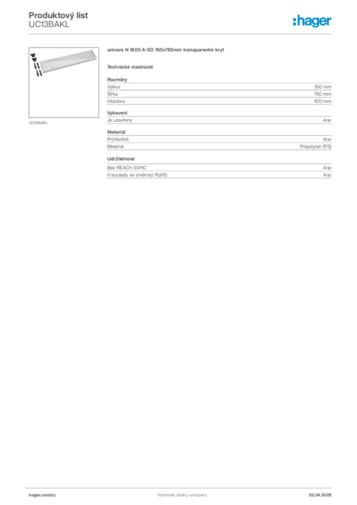 Obrázek Hager Product data sheet UC13BAKL | Hager