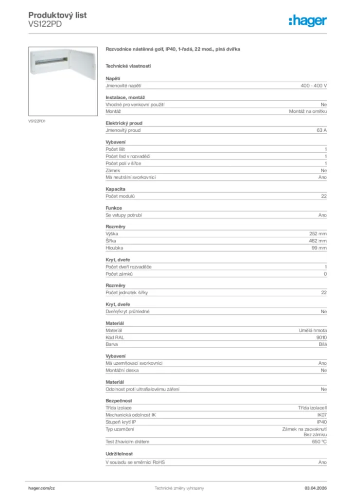Obrázek Hager Product data sheet VS122PD | Hager