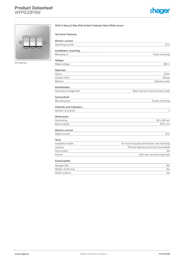 Image Hager Product data sheet WFPS32PSW  | Hager