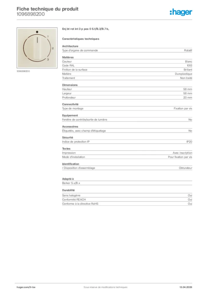 Image Hager Fiche technique du produit 1096898200 | Hager Belgique
