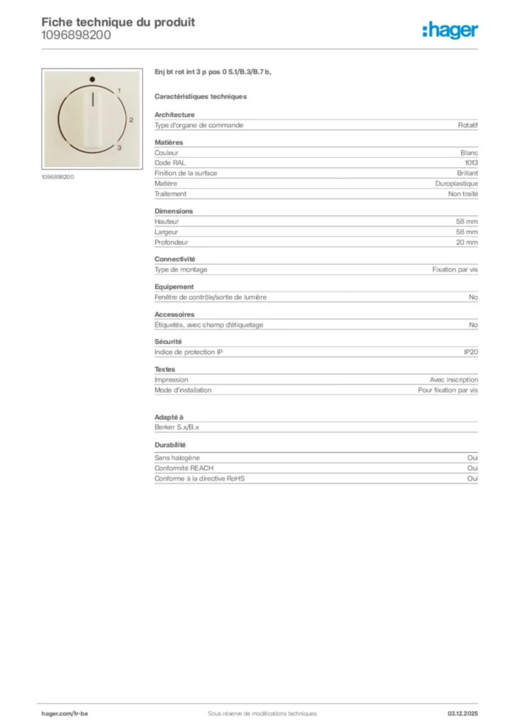 Image Hager Fiche technique du produit 1096898200 | Hager Belgique