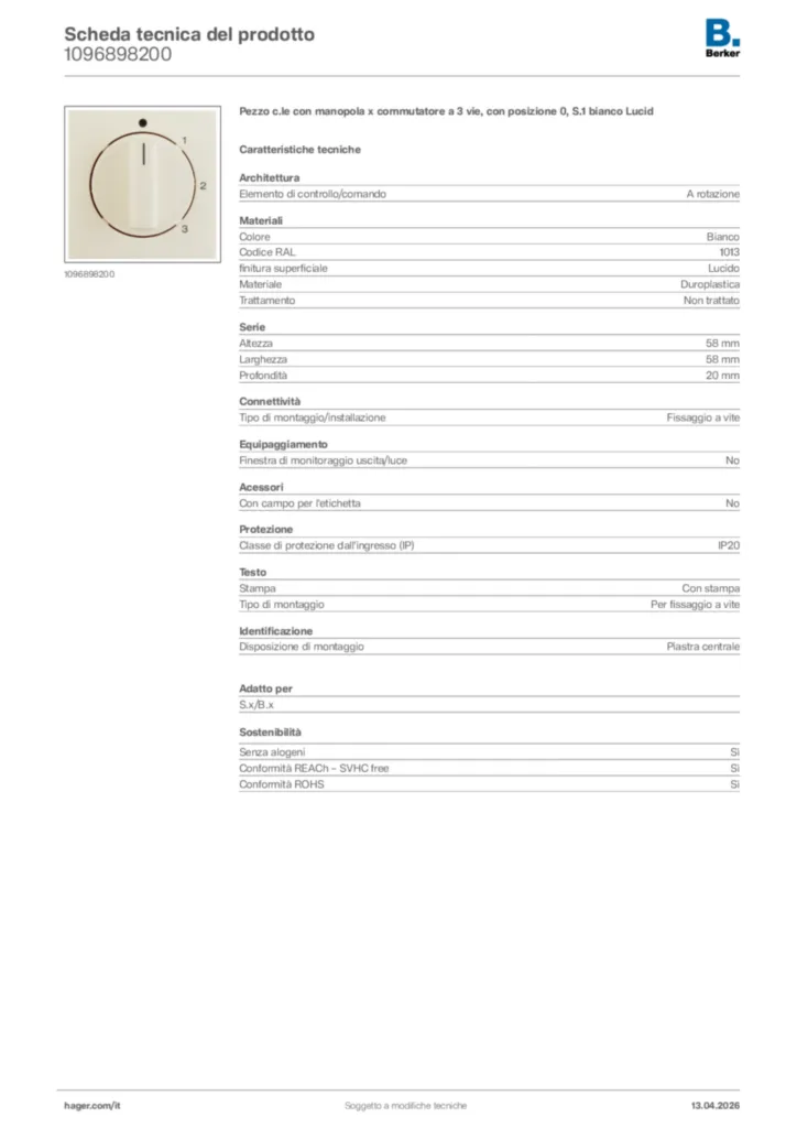 Immagine Berker Scheda tecnica del prodotto 1096898200 | Hager Italia