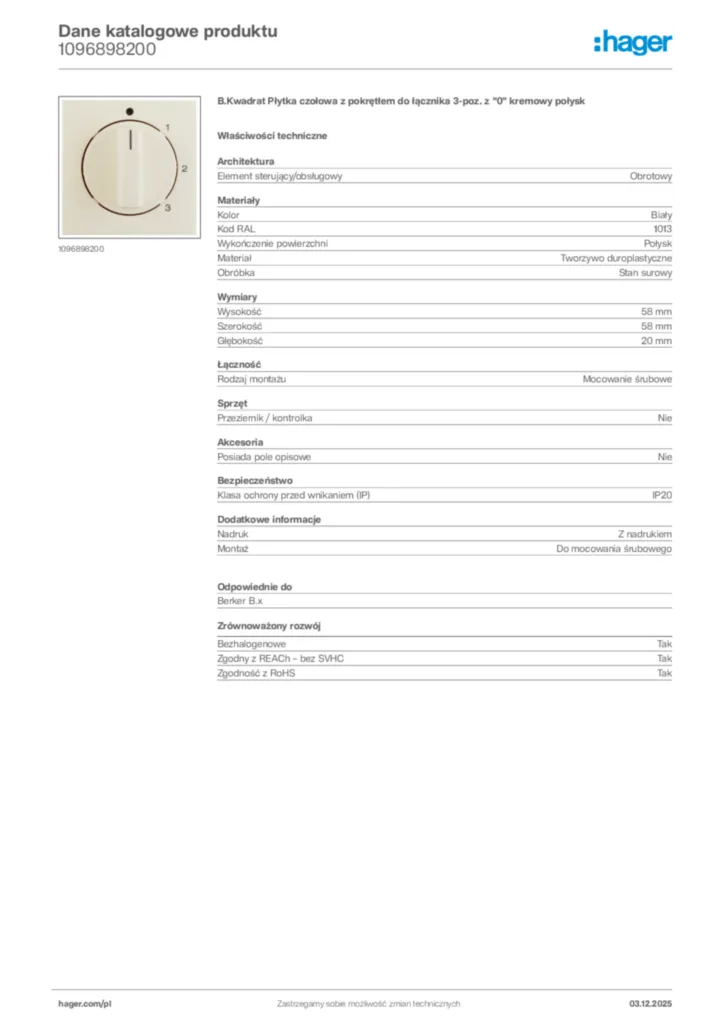 Zdjęcie Hager Karta katalogowa 1096898200 | Hager Polska