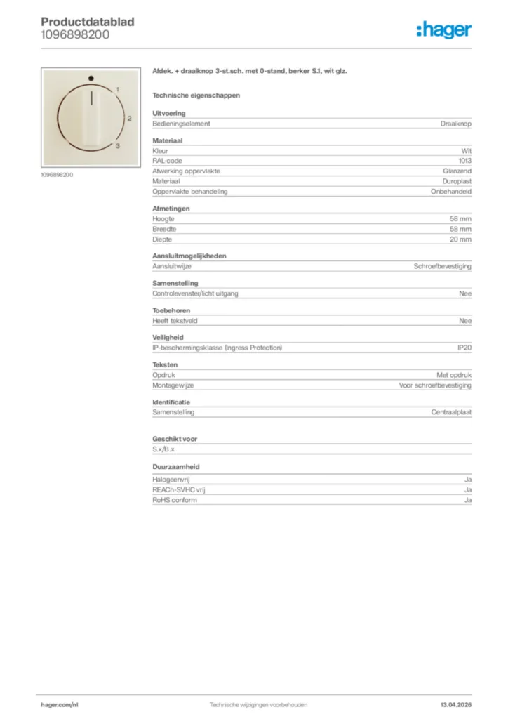 Afbeelding Hager Productdatablad 1096898200 | Hager Nederland