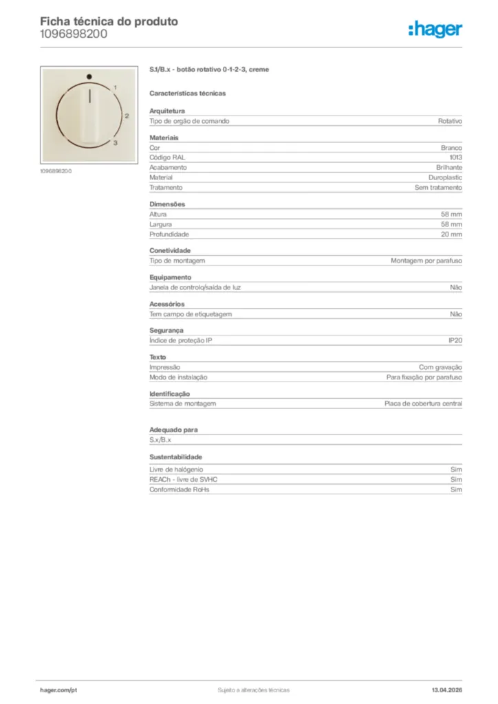 Imagem Hager Ficha técnica do produto 1096898200 | Hager Portugal