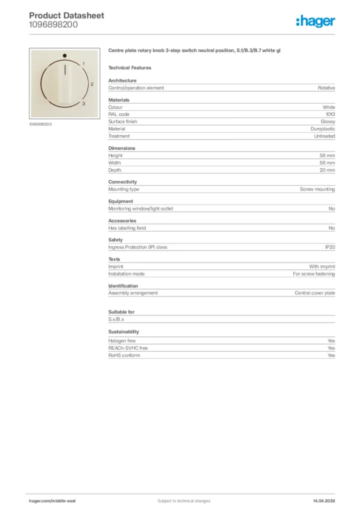 Image Hager Product data sheet 1096898200  | Hager