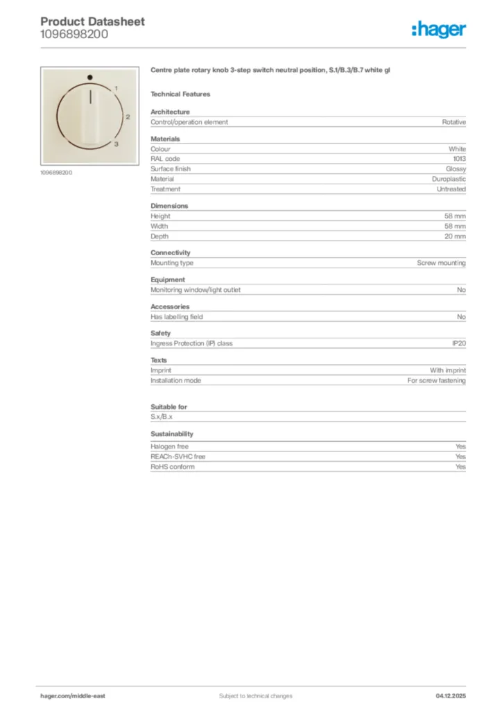 Image Hager Product data sheet 1096898200  | Hager