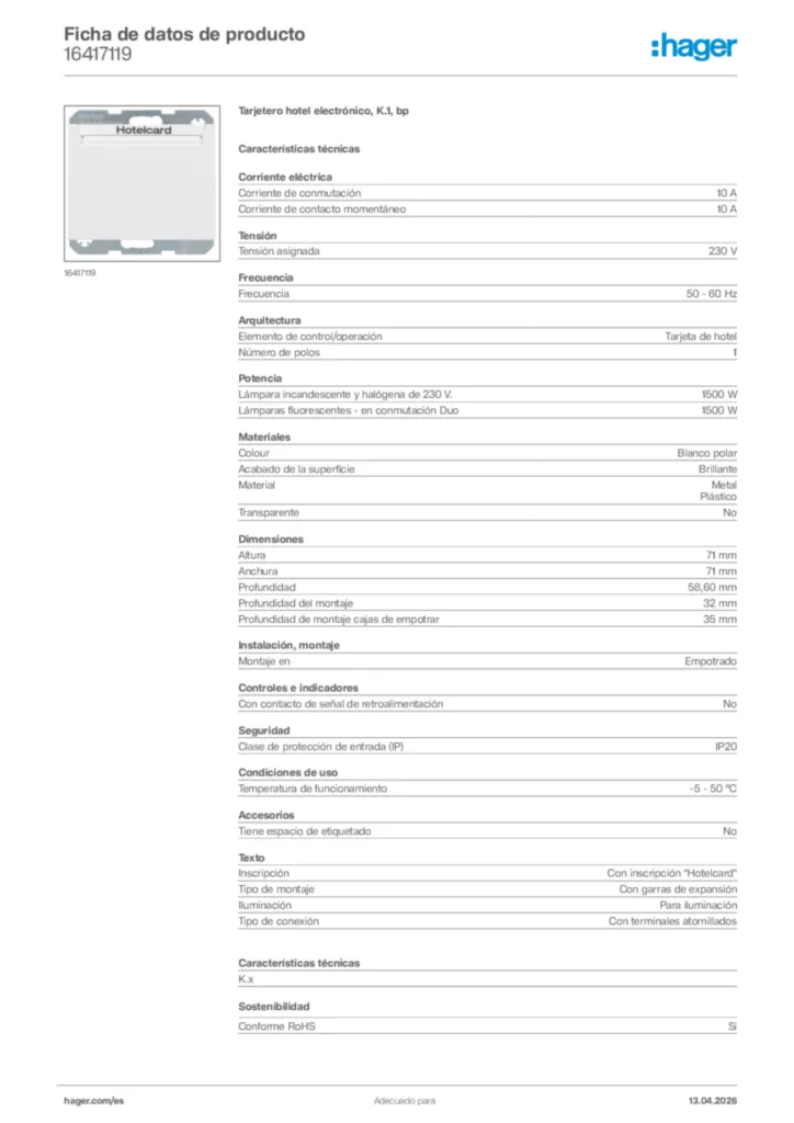 Imagen Hager Ficha de datos de producto 16417119 | Hager España