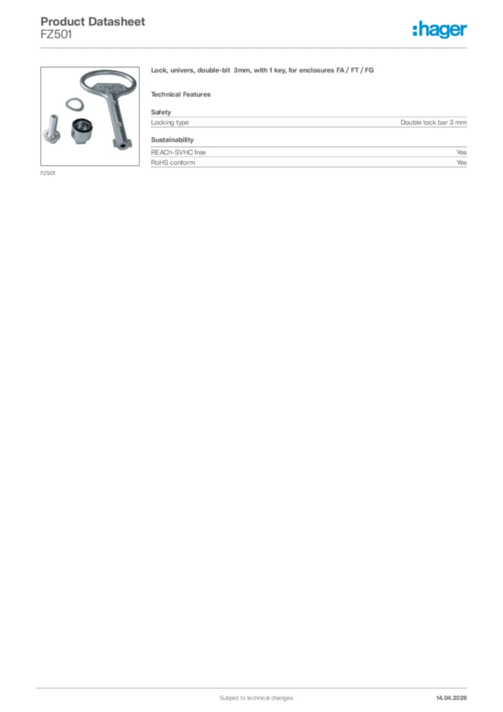 Image Hager Product data sheet FZ501  | Hager Africa