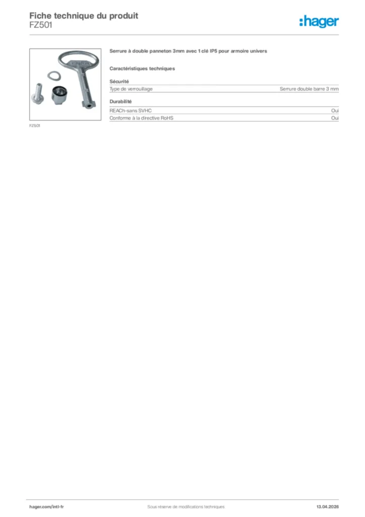 Image Hager Fiche technique du produit FZ501 | Hager Afrique