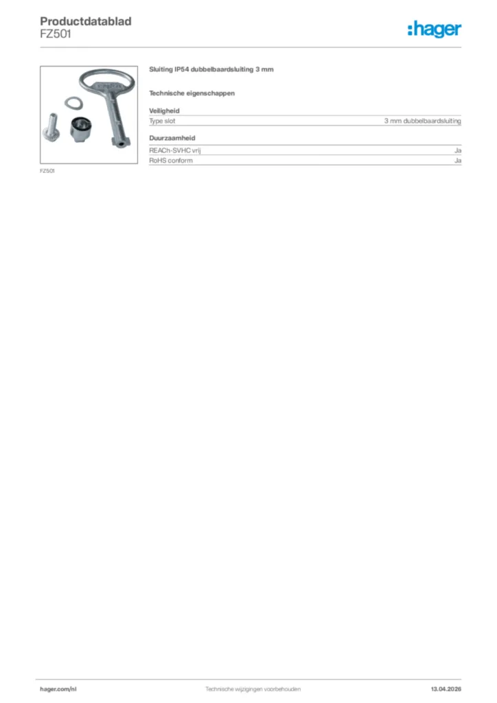 Afbeelding Hager Productdatablad FZ501 | Hager Nederland