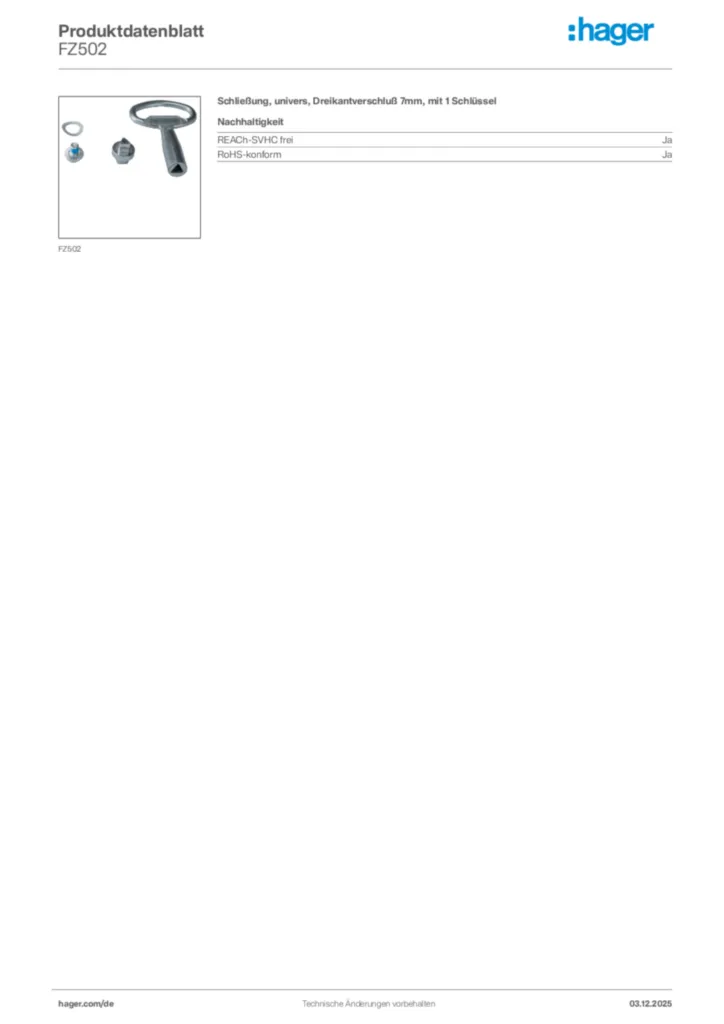 Bild Hager Produktdatenblatt FZ502 | Hager Deutschland