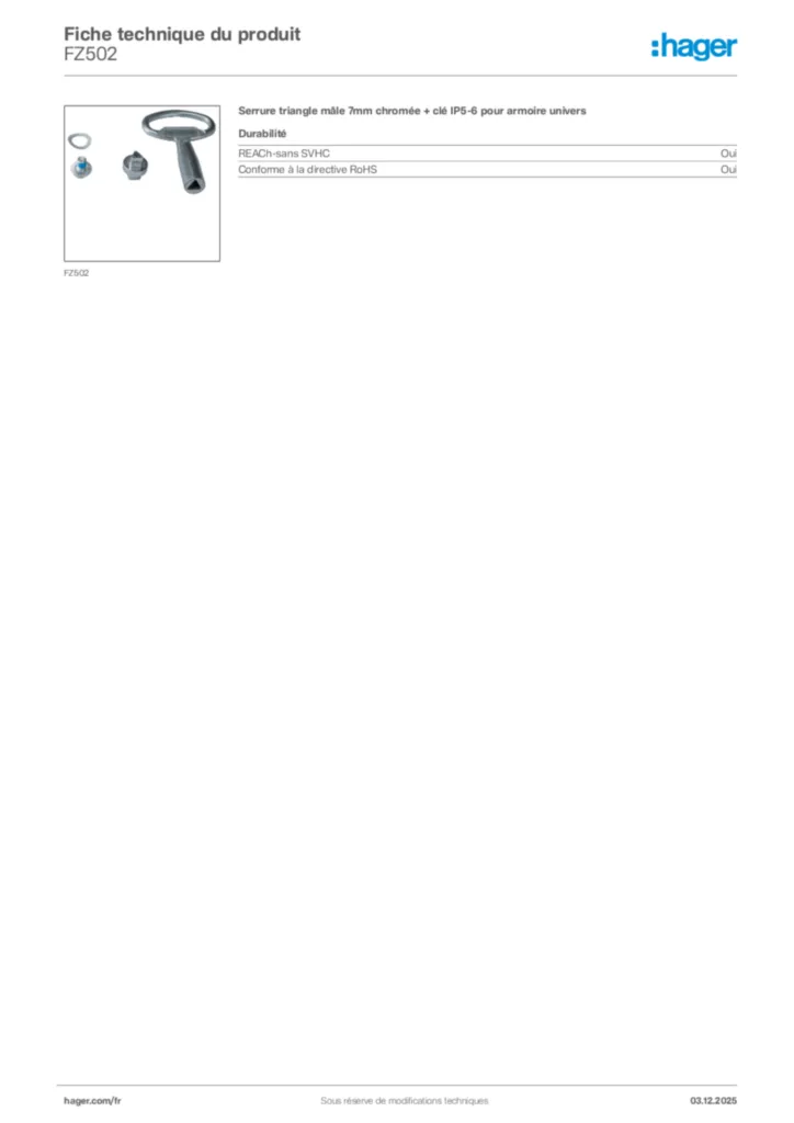 Image Hager Fiche technique du produit FZ502 | Hager France