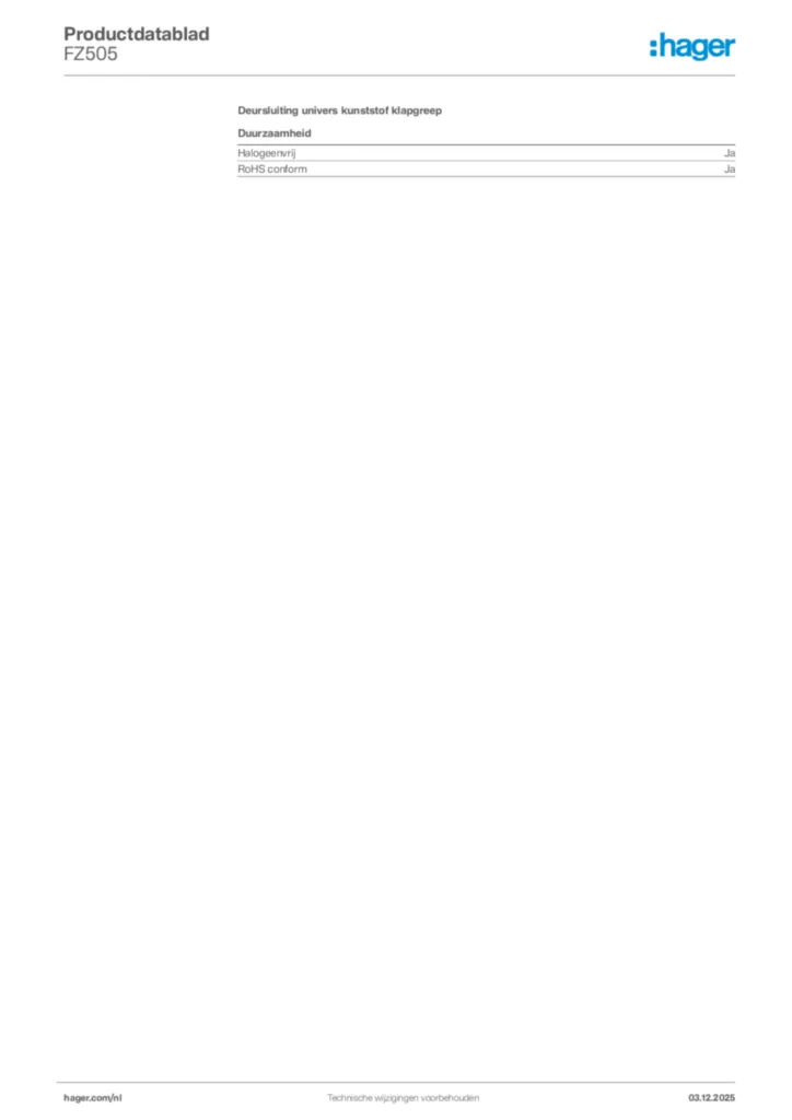 Afbeelding Hager Productdatablad FZ505 | Hager Nederland