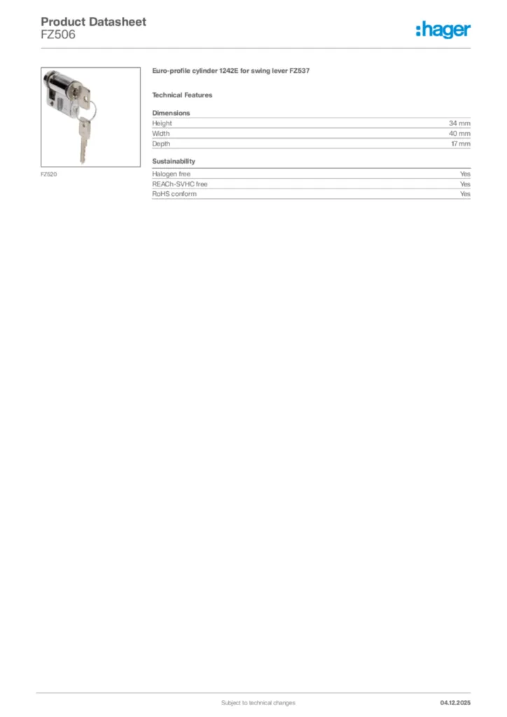 Image Hager Product data sheet FZ506  | Hager Africa