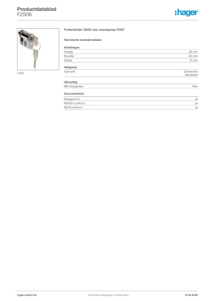 Afbeelding Hager Productdatablad FZ506 | Hager Belgium