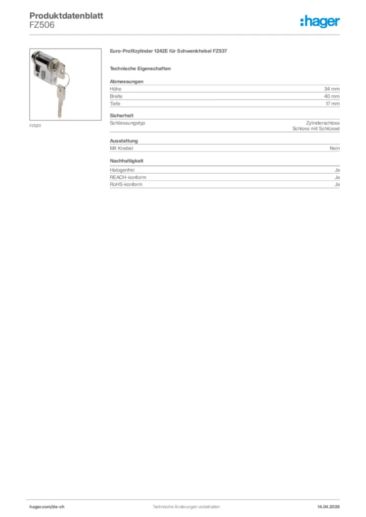 Bild Hager Produktdatenblatt FZ506 | Hager Schweiz