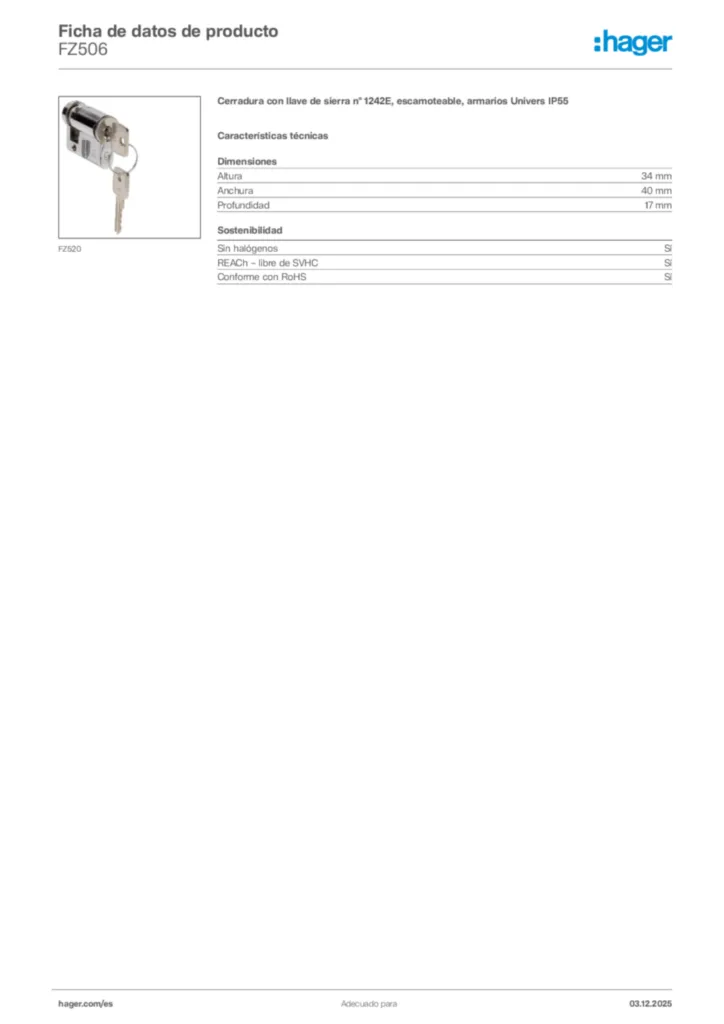 Imagen Hager Ficha de datos de producto FZ506 | Hager España