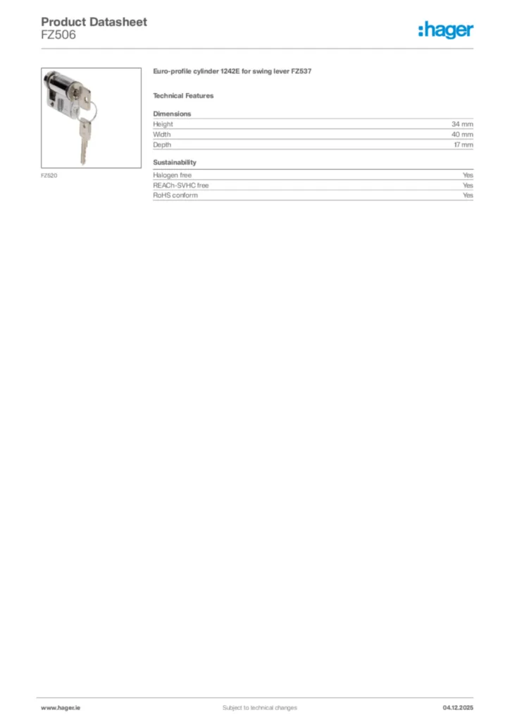 Image Hager Product data sheet FZ506  | Hager