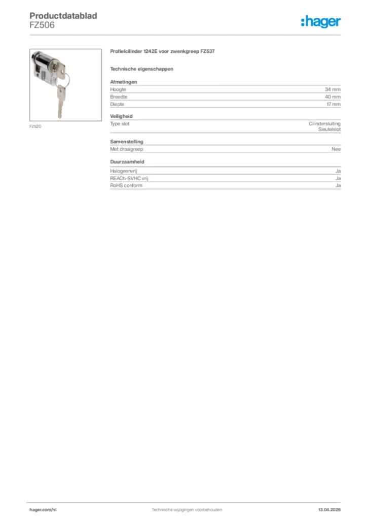 Afbeelding Hager Productdatablad FZ506 | Hager Nederland