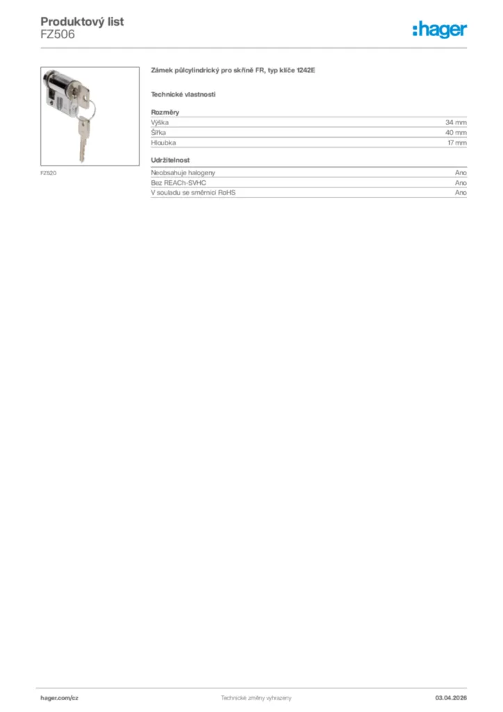 Obrázek Hager Product data sheet FZ506 | Hager