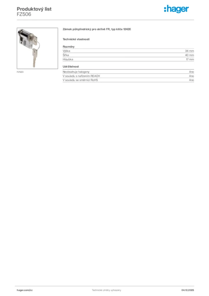 Obrázek Hager Product data sheet FZ506 | Hager