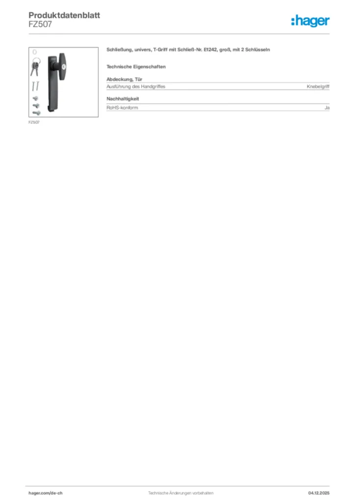 Bild Hager Produktdatenblatt FZ507 | Hager Schweiz