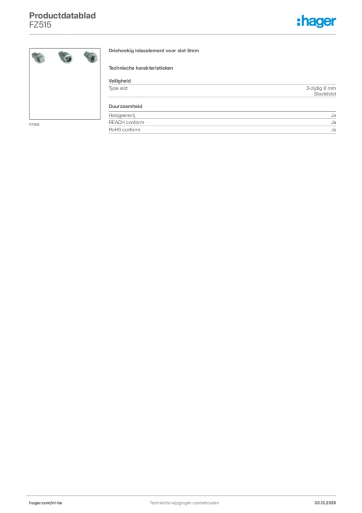 Afbeelding Hager Productdatablad FZ515 | Hager Belgium