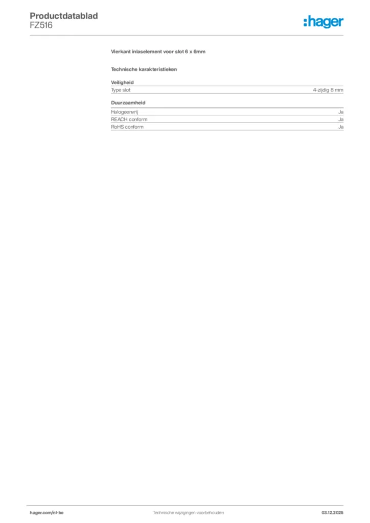 Afbeelding Hager Productdatablad FZ516 | Hager Belgium