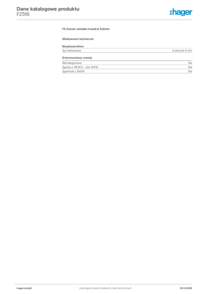 Zdjęcie Hager Karta katalogowa FZ516 | Hager Polska