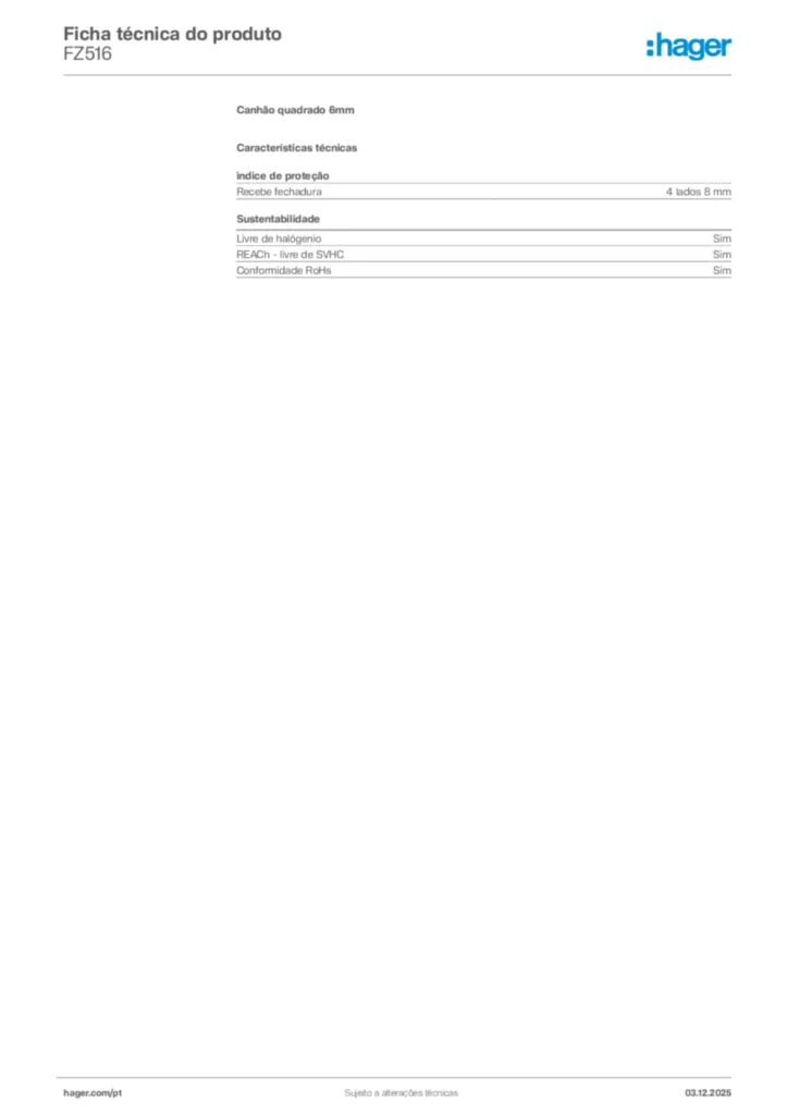 Imagem Hager Ficha técnica do produto FZ516 | Hager Portugal