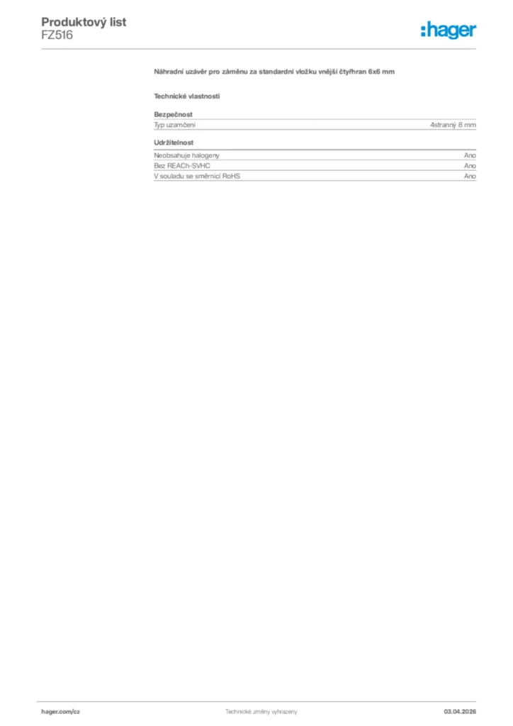 Obrázek Hager Product data sheet FZ516 | Hager
