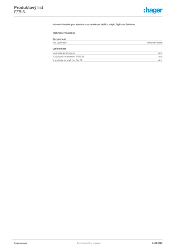 Obrázek Hager Product data sheet FZ516 | Hager