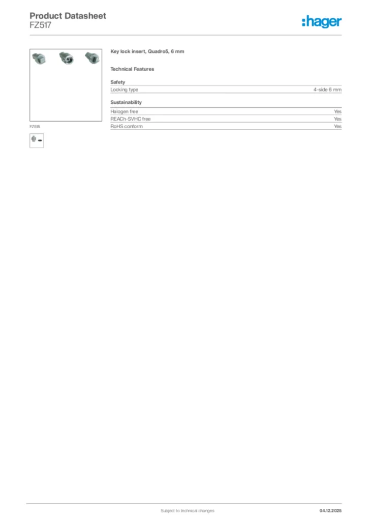 Image Hager Product data sheet FZ517  | Hager Africa