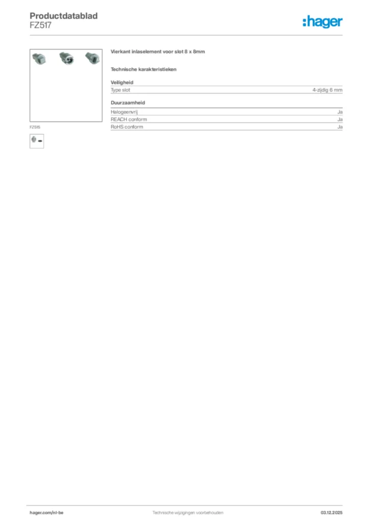 Afbeelding Hager Productdatablad FZ517 | Hager Belgium