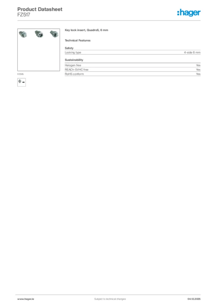 Image Hager Product data sheet FZ517  | Hager