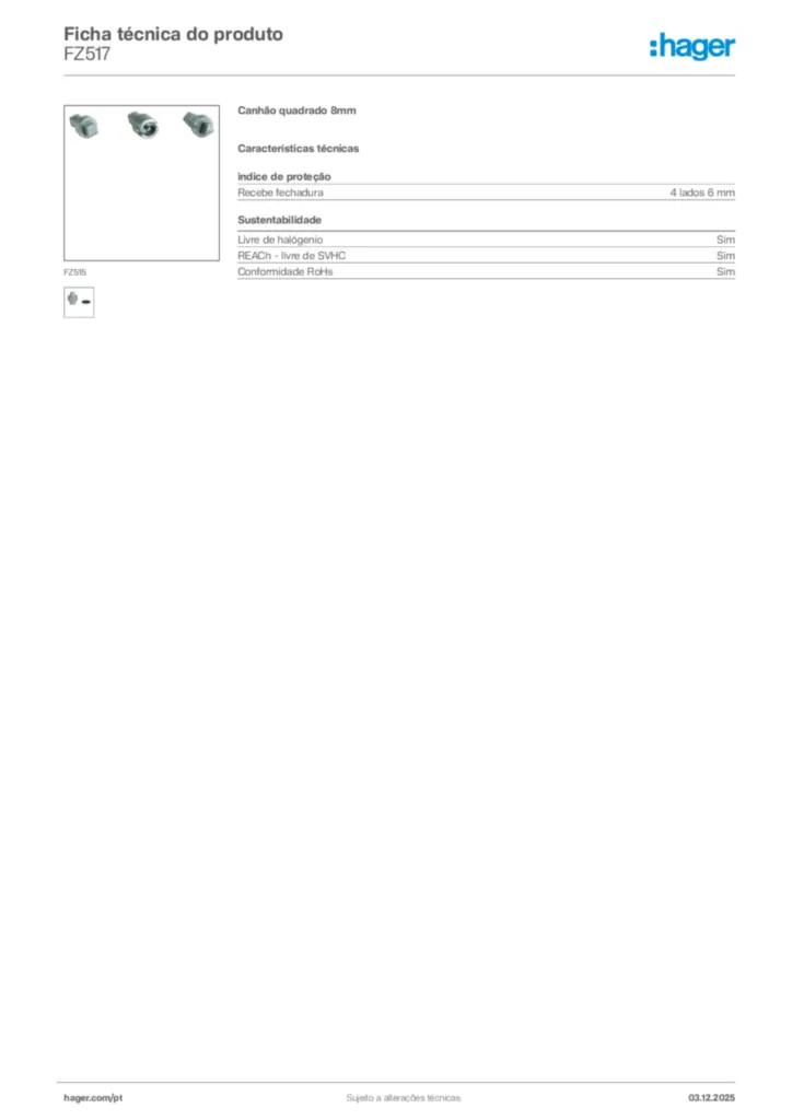 Imagem Hager Ficha técnica do produto FZ517 | Hager Portugal