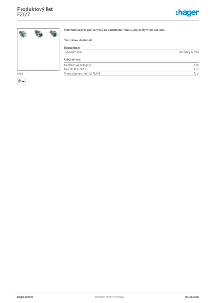 Obrázek Hager Product data sheet FZ517 | Hager