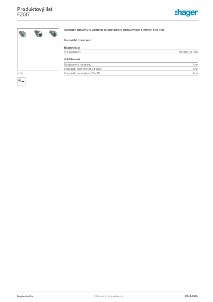 Obrázek Hager Product data sheet FZ517 | Hager