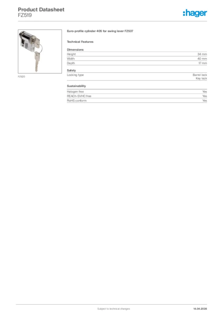 Image Hager Product data sheet FZ519  | Hager Africa