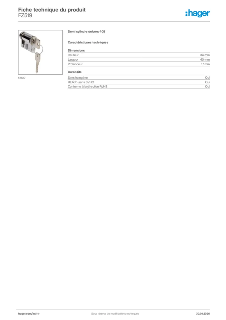 Image Hager Fiche technique du produit FZ519 | Hager Afrique